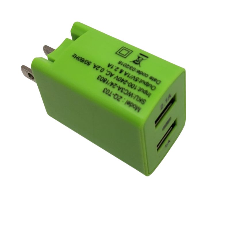 USB WALL CHARGER DUAL 5VDC@2.1A 5VDC@1A GREEN
