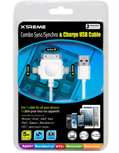 USB CABLE A MALE TO MICRO/30P/8P LIGHTING CONN 5FT SYNC & CHARGE