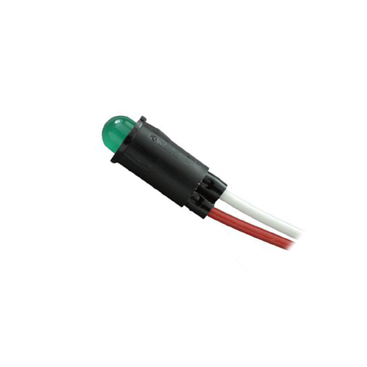 INDICATOR 2.2V LED 6.35MM GRN CHMT 30MCD 20MA WIRE