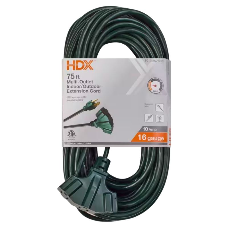 EXTENSION CORD 3/16 75FT SJTW GRN TRIPLE TAP ALL-WEATHER 10A