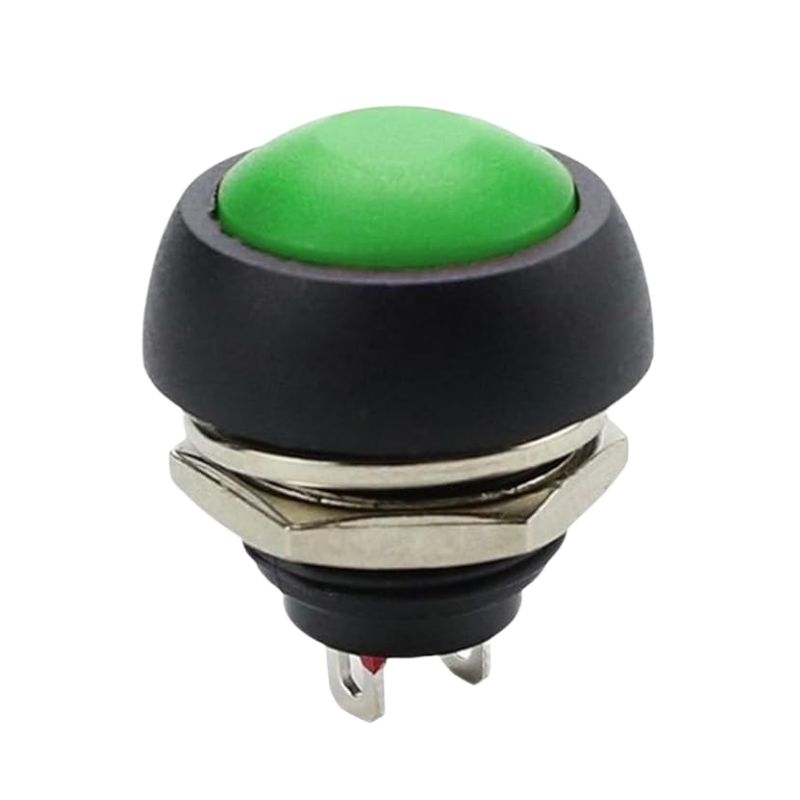 PUSH SWITCH MOM 1P1T NO THR SOL 12MM 2A 48VDC DOMED HEAD GREEN