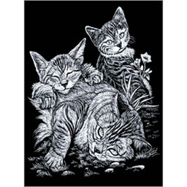 SILVER ENGRAVING TABBY CAT & KITTENS