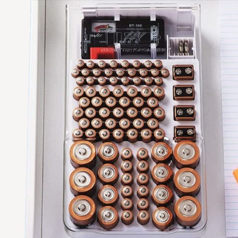 BATTERY ORGANIZER W/TESTER HOLDS 93 BATTERIES TESTS AAA AA C D 9V