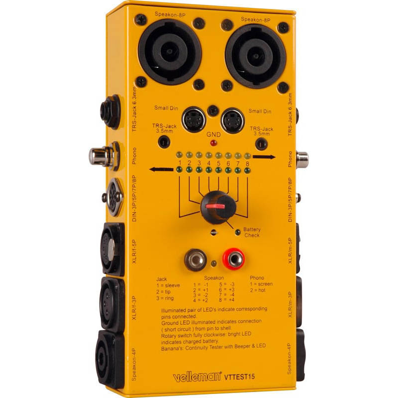 CABLE TESTER FOR AUDIO CABLE XLR PHONO RCA BANANA SPEAKON.